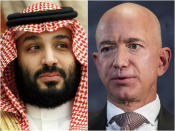 This combination of file photos shows Saudi Arabia's Crown Prince Mohammed bin Salman in Jeddah, Saudi Arabia, on June 24, 2019 and Jeff Bezos, Amazon founder and CEO, in Washington, on Sept. 13, 2018. Two U.N. experts this week called for the U.S. to investigate a likely hack of Bezos' phone that could have involved Saudi Arabian Crown Prince Mohammed bin Salman. A commissioned forensic report found with “medium to high confidence” that Bezos' phone was compromised by a video MP4 file he received from the prince in May 2018. (AP Photo)