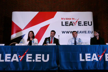 Brittany Kaiser of Cambridge Analytica, Brexit campaigner Aaron Banks, Gerry Gunster, a Washington-based strategist hired by the Leave.EU campaign, and Liz Bilney, CE of Eldon Insurance Services during a Leave.EU news conference in central London, Britain, November 18, 2015. Picture taken November 18, 2015. REUTERS/Stefan Wermuth