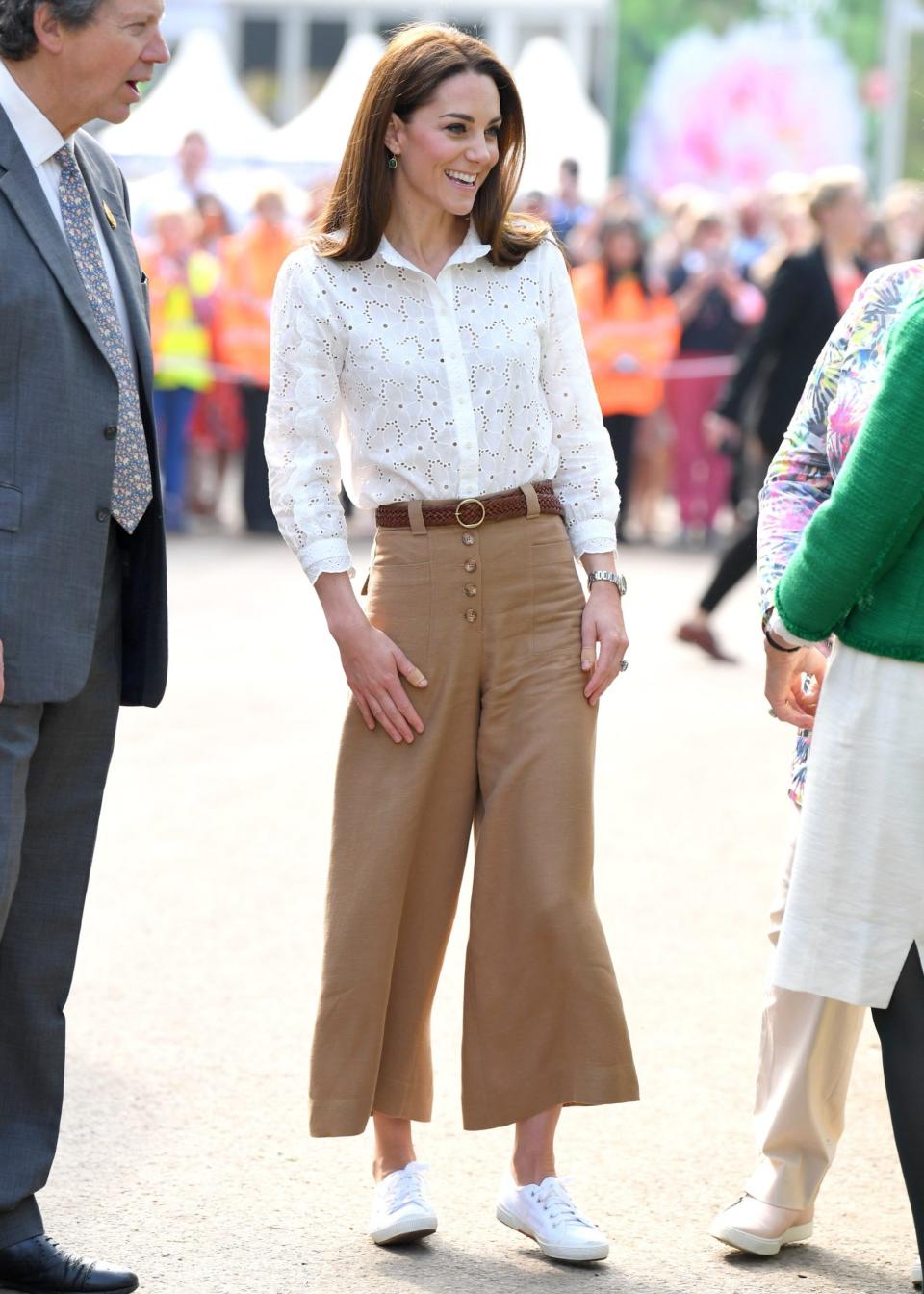 At RHS Chelsea in 2019 in a broderie anglaise blouse, Massimo Dutti culottes and box-fresh Superga plimsolls - Karwai Tang