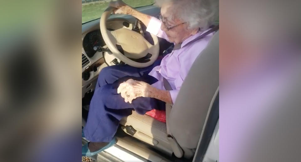 The 94-year-old woman tried to get out of the car with her seatbelt still on, but fortunately she was able to be helped into her passenger seat. Source: Thomas Prado/ Facebook