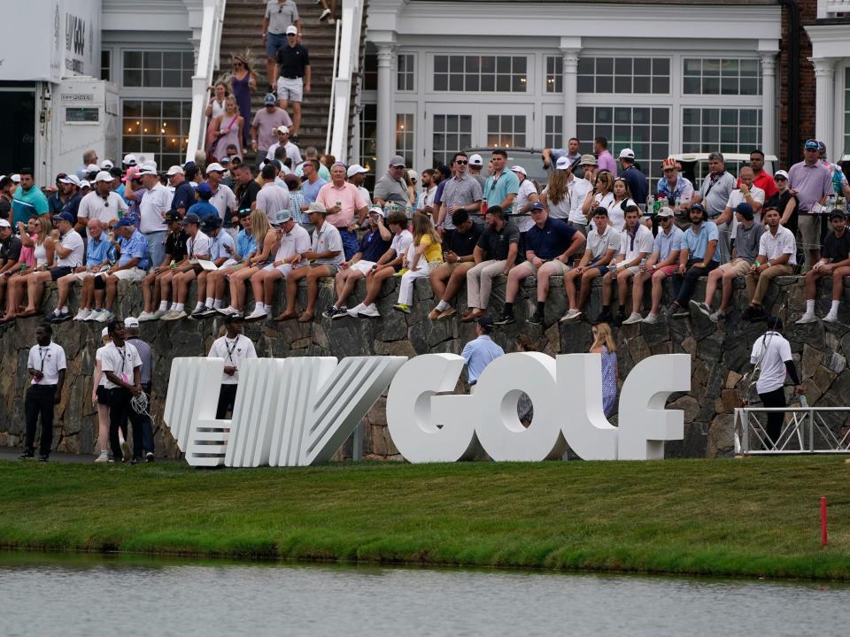 Fans watch the final round of the Bedminster Invitational LIV Golf tournament in Bedminster, N.J.