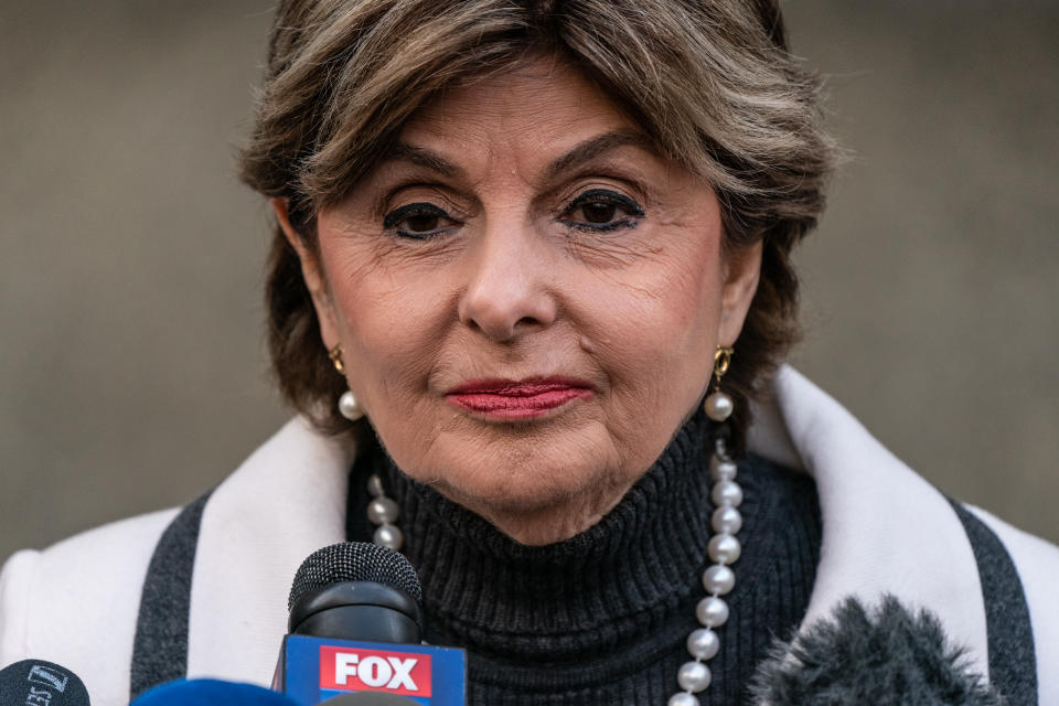 NEW YORK, NY - MARCH 11: Attorney Gloria Allred speaks to press members after the sentencing of Hollywood mogul Harvey Weinstein in New York Criminal Court on March 11, 2020 in New York City. Harvey Weinstein was sentenced to 23 years in prison after being convicted of rape and criminal sexual assault. (Photo by Jeenah Moon/Getty Images)