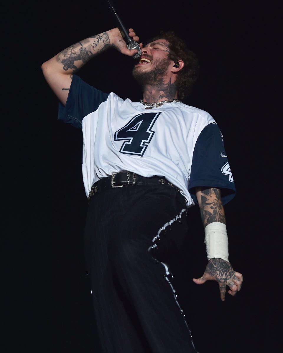 Somehow Post Malone made a tucked-in football jersey cool.