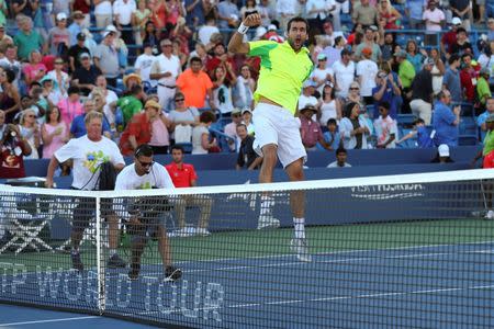 Aug 21, 2016; Mason, OH, USA; Marin Cilic (CRO) reacts to defeating Andy Murray (GBR) in the finals during the Western and Southern tennis tournament at Linder Family Tennis Center. Mandatory Credit: Aaron Doster-USA TODAY Sports