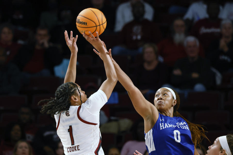 South Carolina guard Zia Cooke (1) shoots over Hampton guard Camryn Hill during the first quarter of an NCAA college basketball game in Columbia, S.C., Sunday, Nov. 27, 2022. (AP Photo/Nell Redmond)