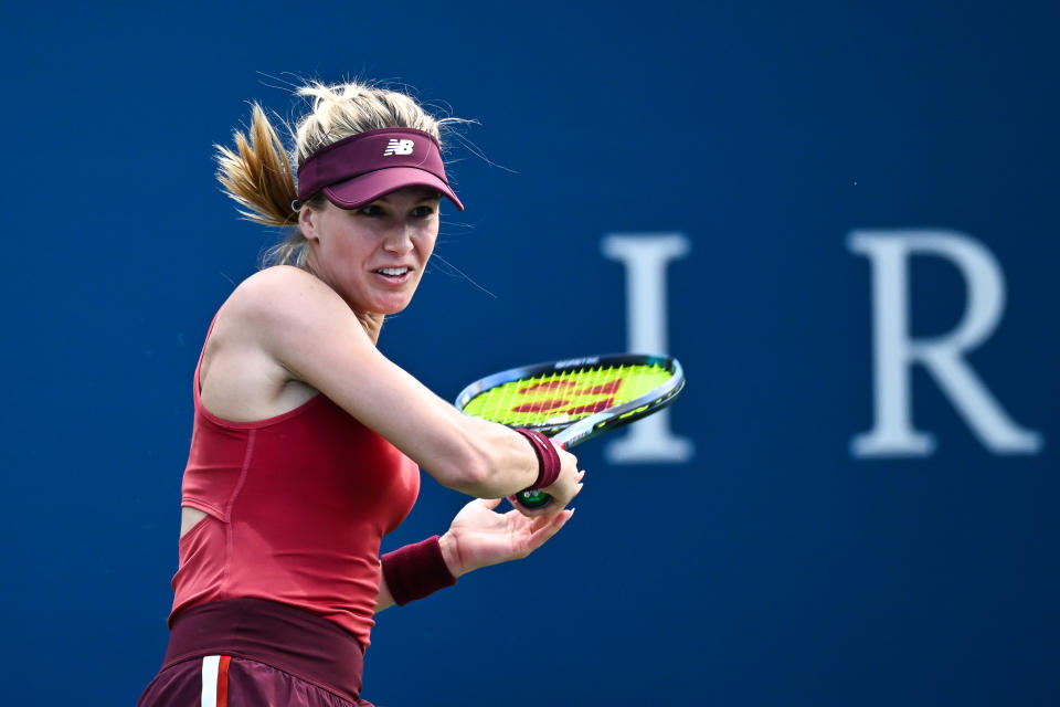 Eugenie Bouchard of Canada hits a return ball against Danielle Collins of the United States of America during the National Bank Open previews at Stade IGA on Aug. 5, 2023 in Montreal.  (Photo by Minas Panagiotakis/Getty Images)