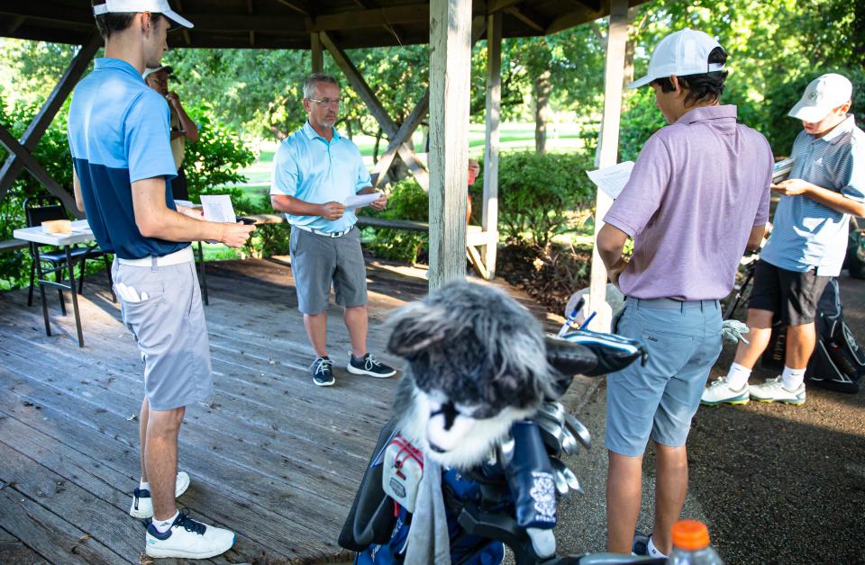 Lance Flury talks to players prior to them teeing off on the first day of the 2020 Kone Elevator Drysdale Golf Tournament at Bunn Golf Course, Monday, July 13, 2020, in Springfield.