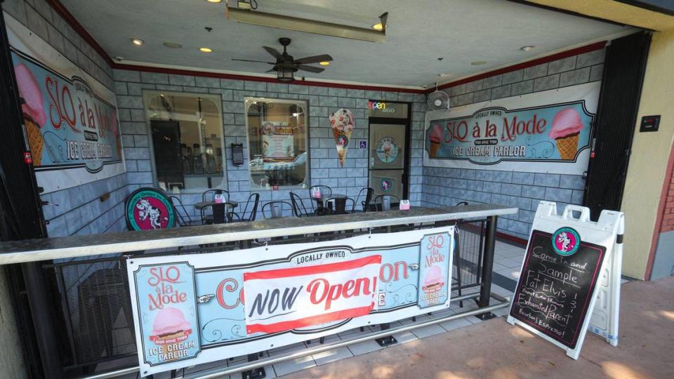 SLO à la Mode opened in the former San Luis Obispo Doc Burnstein’s Ice Cream Lab location on Higuera Street in July 2023. The shop offers 32 flavors of ice cream, cookies, fresh made waffle cones, milkshakes, floats, sundaes and affogato (espresso and ice cream).