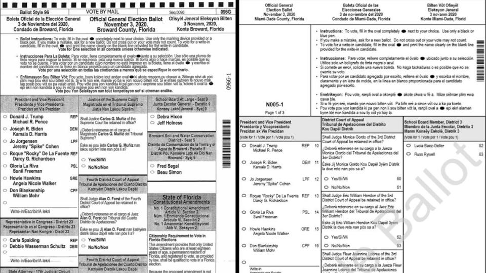 The general election sample ballots for Broward County (left) and Miami-Dade County.