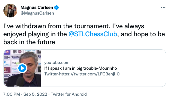 Magnus Carlsen hinted of Hans Niemann cheating on a Twitter post. (Twitter)