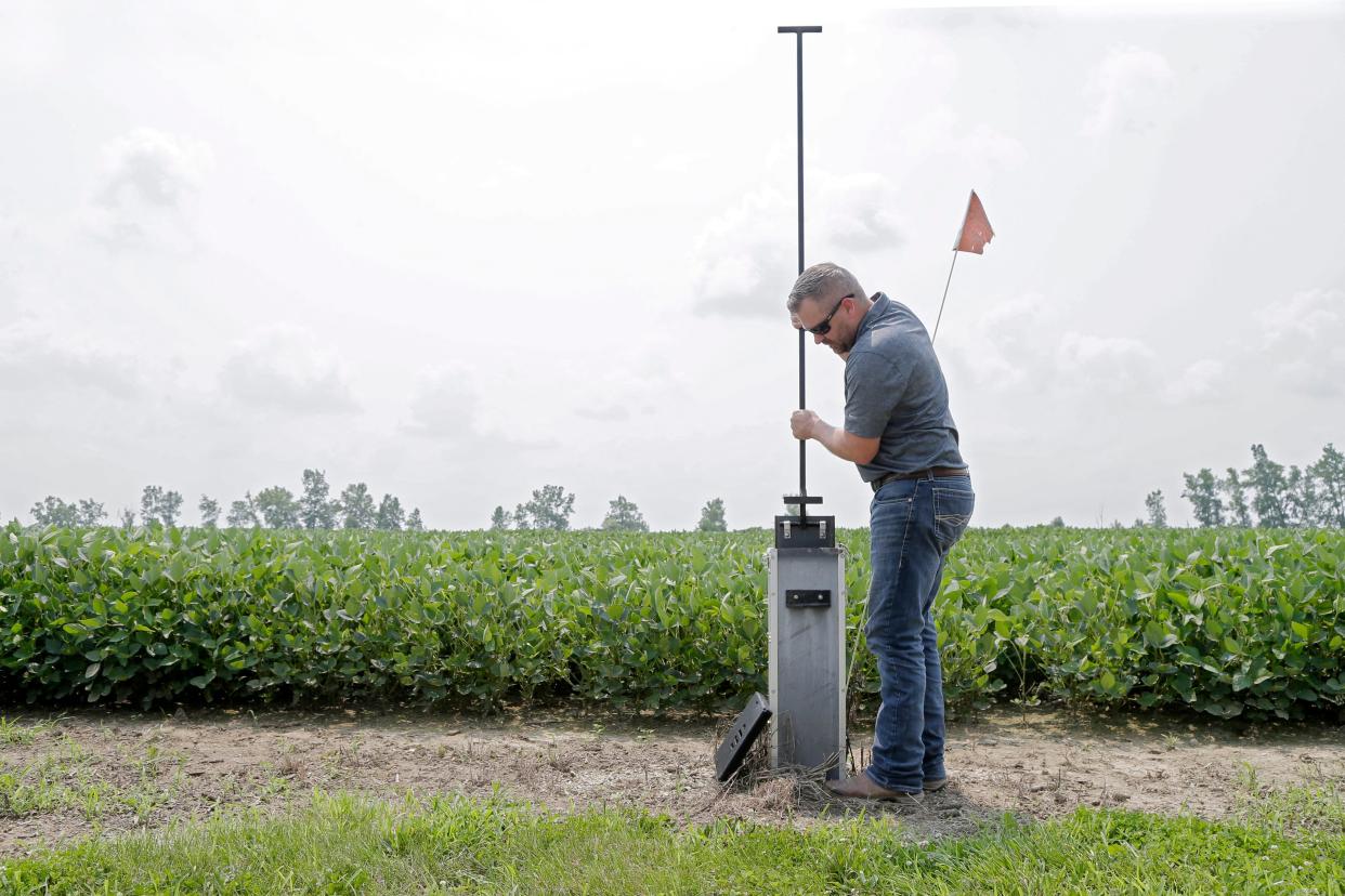Nate Douridas, Farm Manager at the Molly Caren Agricultural Center in London checks a control structure for a field's drainage system on Tuesday, July 20, 2021. These systems can be added to existing farms or incorporated into new fields and allow farmers to control how much water is staying in a field or being drained away.