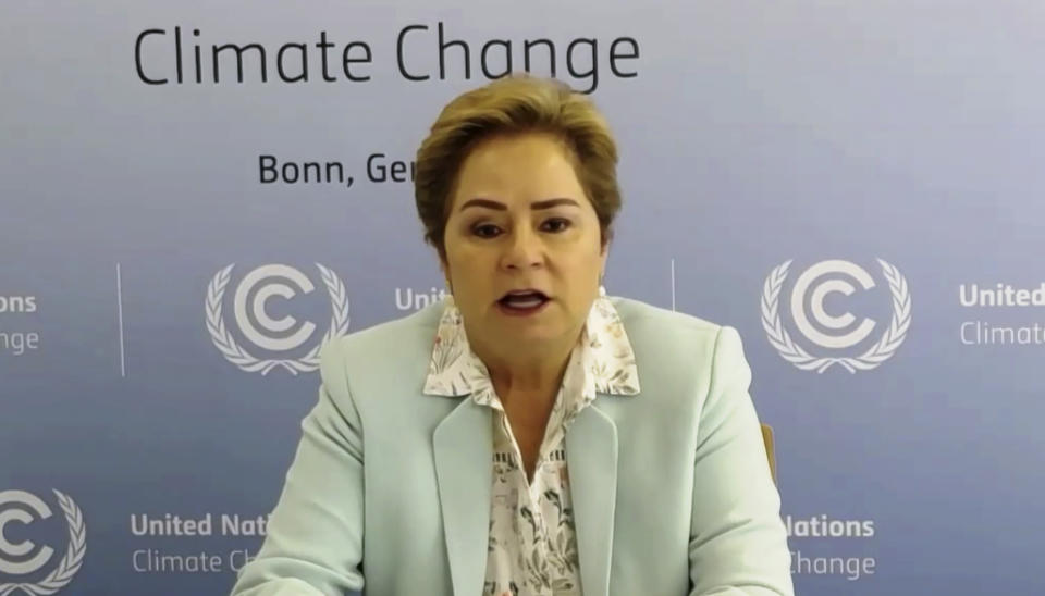 In this photo taken from video streamed online and provided by Ministry of Environment Government of Japan, Patricia Espinosa, Executive Secretary of the United Nations Framework Convention on Climate Change (UNFCCC) speaks during the Online Platform Ministerial Meeting Thursday, Sept. 3, 2020. U.N. Secretary General Antonio Guterres is urging Japan and other wealthy nations to give up reliance on coal and other fossil fuels and commit to investments in green energy as they recover from the coronavirus pandemic. (Ministry of Environment Government of Japan via AP)