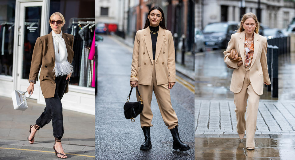 Blazers were worn glammed up and dressed down among guests at this year's London Fashion Week. (Getty images)