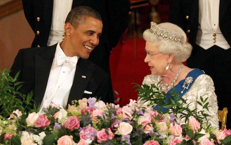 U.S. President Barack Obama and Queen Elizabeth II during a State Banquet in Buckingham Palace on May 24, 2011 in London, England.