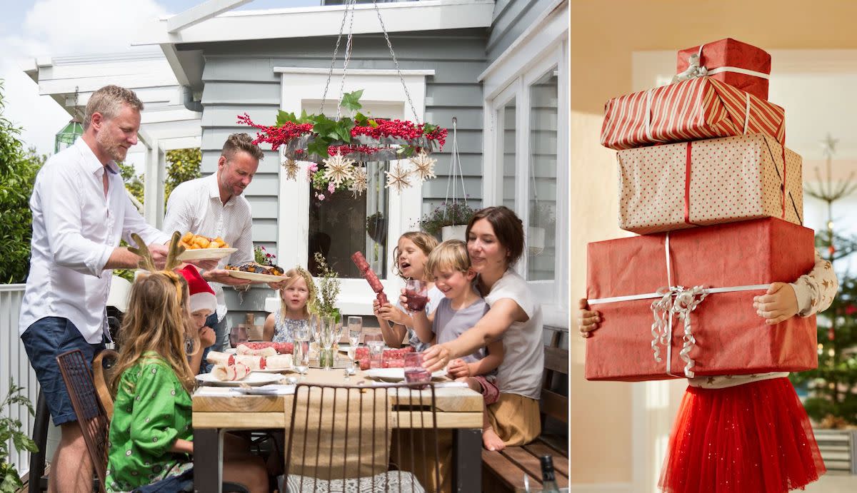 Compilation image of a family sitting around a table at Christmas serving up food and a girl carrying a large pile of presents