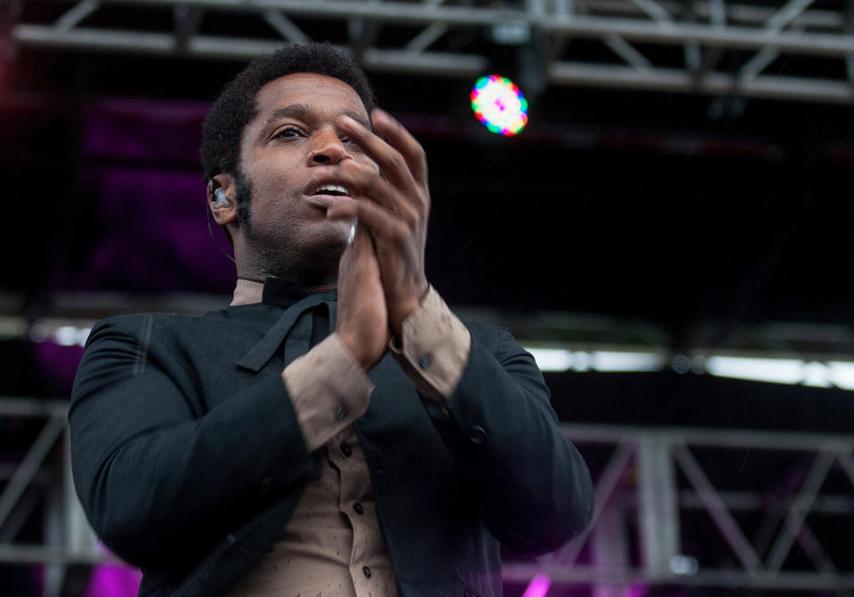 Ty Taylor, lead singer for Vintage Trouble, performs at the inaugural Shaky Knees Music Festival on Saturday, May 4, 2013, in Atlanta. (AP Photo/Ron Harris)