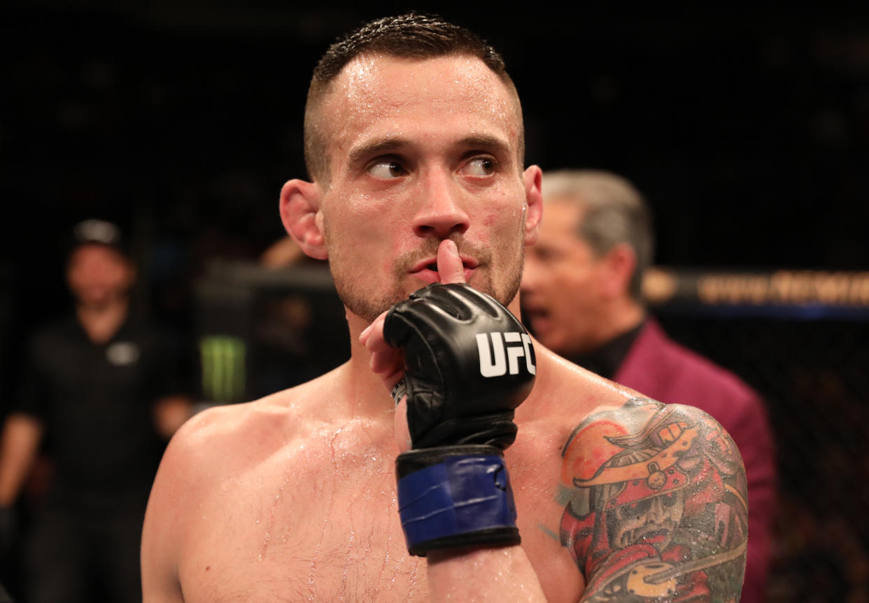 SAO PAULO, BRAZIL - NOVEMBER 16:  James Krause celebrates after his knockout victory over Sergio Moraes in their welterweight fight during the UFC Fight Night event at Ibirapuera Gymnasium on November 16, 2019 in Sao Paulo, Brazil. (Photo by Alexandre Schneider/Zuffa LLC via Getty Images)