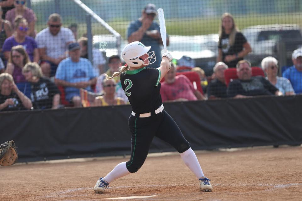Yorktown softball's Ava McNally bats in the team's regional championship game at Peru on Tuesday, May 30, 2023.