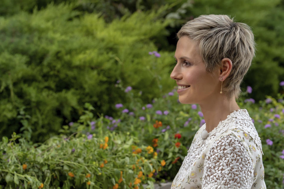 This photo released Sunday, Aug. 4, 2019, on the official Facebook page of the Syrian Presidency, shows Syria's first lady Asma Assad, wife of Syrian President Bashar Assad, during an interview aired late Saturday on state TV in Damascus, Syria. The wife of Syria’s president says that a year after being diagnosed with breast cancer she is now “completely” free of the disease.. (Syrian Presidency Facebook page via AP)