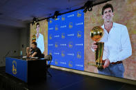 Golden State Warriors president and general manager Bob Myers makes a statement during an NBA basketball news conference in San Francisco, Tuesday, May 30, 2023. Myers is departing the Warriors after building a championship team that captured four titles in an eight-year span. One of the most successful GMs over the past decade in any sport, Myers' contract was set to expire in late June. (AP Photo/Eric Risberg)