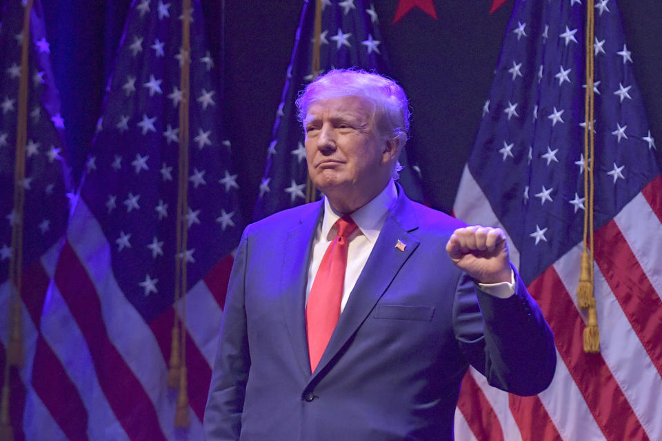 Former President Donald Trump speaks at a campaign event Monday, March 13, 2023, in Davenport, Iowa. (AP Photo/Ron Johnson)