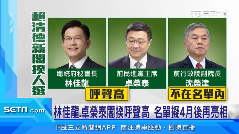 賴清德閣揆人選似乎已有定案，林佳龍以及前主席卓榮泰兩人呼聲最高。