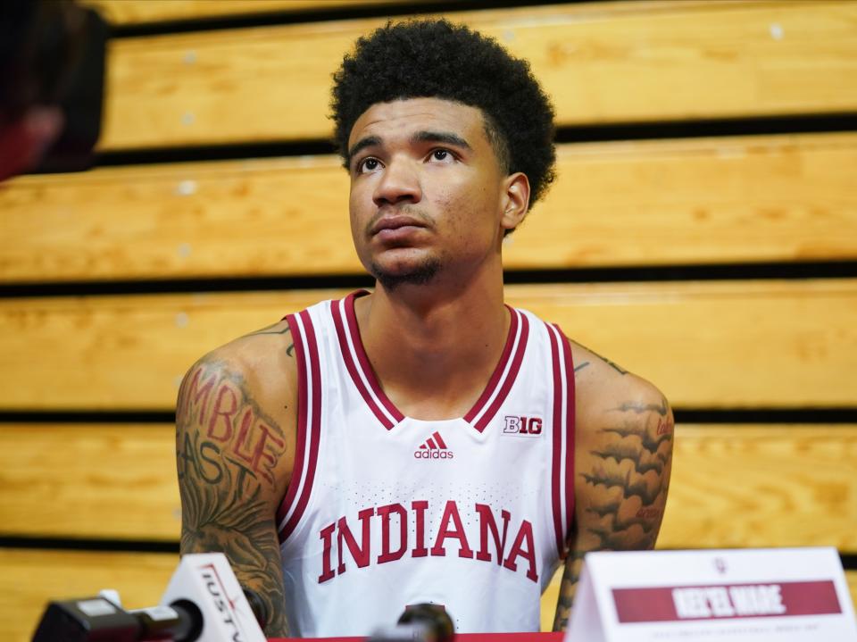 Indiana’s Kel'el Ware talks to the media during the Indiana University basketball media day at Simon Skjodt Assembly Hall on Wednesday, Sept. 20, 2023.