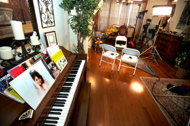 A photo of 6-year-old Makayla Sitton who was shot and killed by her cousin, Paul Michael Merhige, along with three other family members, sits atop the piano in the living room setup to tape a segment of the TV show 