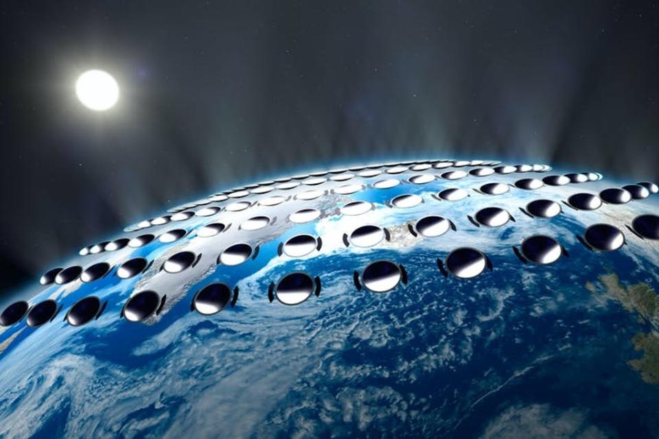 An artist’s impression of solar reflectors in space reflecting sunlight away from Earth (Zoonar GmbH/Alamy)