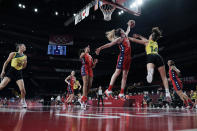 Australia's Marianna Tolo (14) is blocked by United States's Breanna Stewart (10) during a women's basketball quarterfinal game at the 2020 Summer Olympics, Wednesday, Aug. 4, 2021, in Saitama, Japan. (AP Photo/Eric Gay)