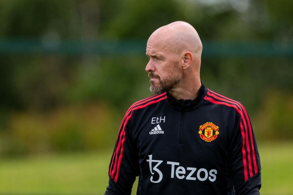 MANCHESTER, ENGLAND - JUNE 30: (EXCLUSIVE COVERAGE)  Manager Erik ten Hag of Manchester United in action during a first team training session at Carrington Training Ground on June 30, 2022 in Manchester, England. (Photo by Ash Donelon/Manchester United via Getty Images)