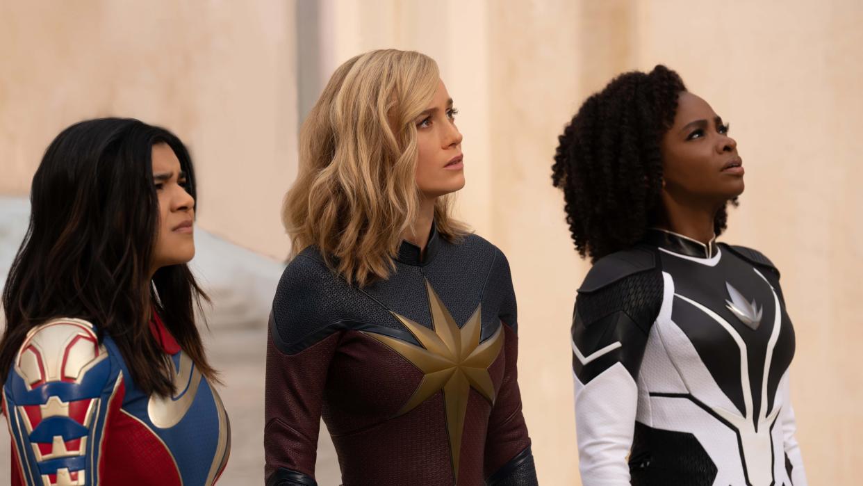  Iman Vellani, Brie Larson and Teyonah Parris in The Marvels. 