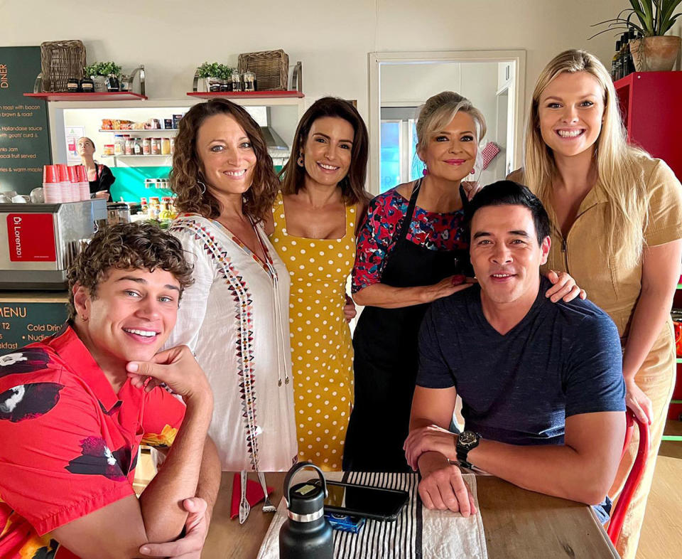 Matt Evans, Georgie Parker, Ada Nicodemou, Emily Symons, Justin Stewart and Sophie Dillman on the set of Home and Away