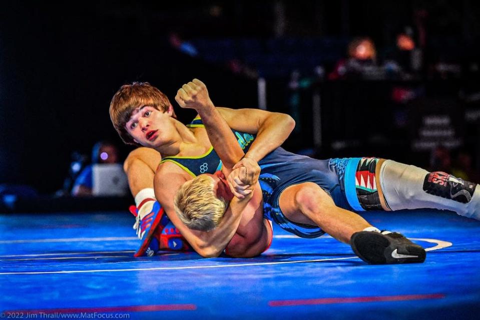 Brendon Abdon wrestles in the championship match in the Greco-Roman Division at 160 pounds at the 2022 US Marine Corps Junior Nationals in Fargo, N.D.