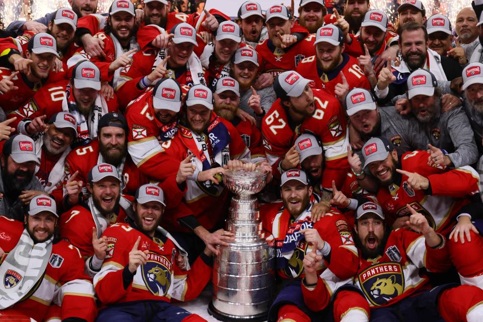 Jun 24, 2024; Sunrise, Florida, USA; The Florida Panthers celebrate wininng the Stanley Cup against the Edmonton Oilers in game seven of the 2024 Stanley Cup Final at Amerant Bank Arena. Mandatory Credit: Jim Rassol-USA TODAY Sports