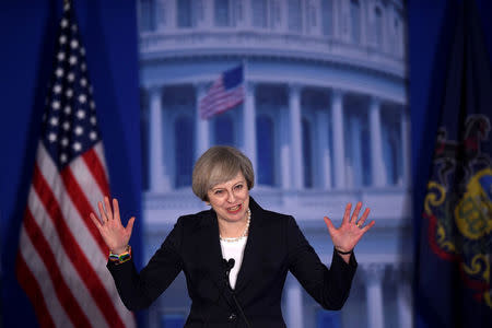 Britain's Prime Minister Teresa May arrives to speak during the 2017 "Congress of Tomorrow" Joint Republican Issues Conference in Philadelphia, Pennsylvania. REUTERS/Mark Makela