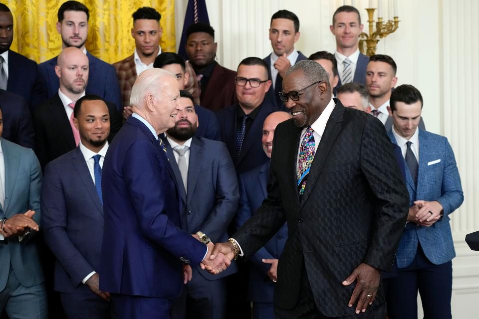 President Joe Biden shakes hands with Houston Astros manager Dusty Baker Jr. during an event celebrating the 2022 World Series champion Houston Astros baseball team, in the East Room of the White House, Monday, Aug. 7, 2023, in Washington.