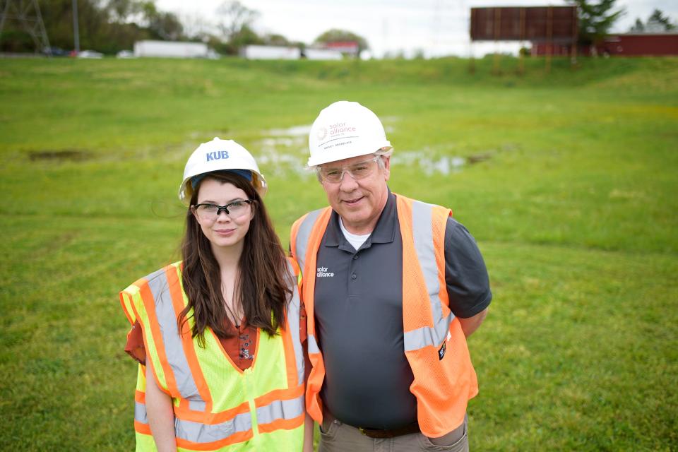 Chasity Hobby, KUB Project Manager and Harvey Abouelata, Vice President of Solar Alliance, pose for a portrait at the future site of Knoxville's first community solar array on Morris Ave. in Knoxville, Tenn. on Wednesday, April 13, 2022. Community Solar programs allow community members to voluntarily participate in solar projects through subscription to solar shares. The City of Knoxville will house the 1-megawatt array on 3 acres of land at its Public Works facility.