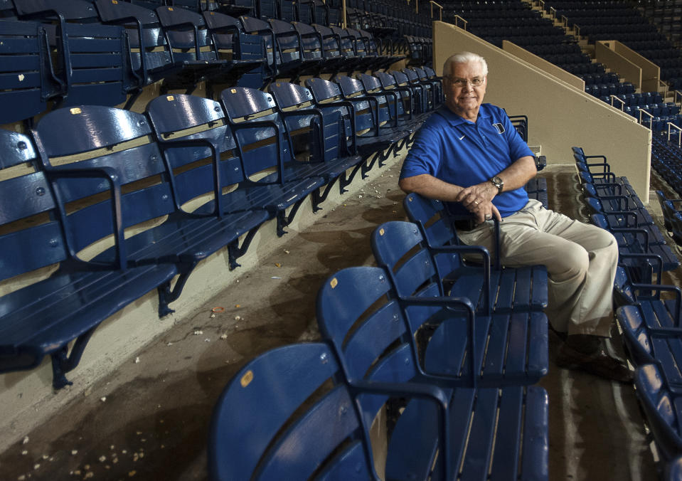 FILE - Duke University radio broadcaster Bob Harris poses at Cameron Indoor Stadium, Tuesday, July 5, 2016, in Durham, N.C. Retired Duke sports radio play-by-play announcer Bob Harris died, Wednesday, June 12, 2024. He was 81. (Kaitlin McKeown/The Herald-Sun via AP, File)