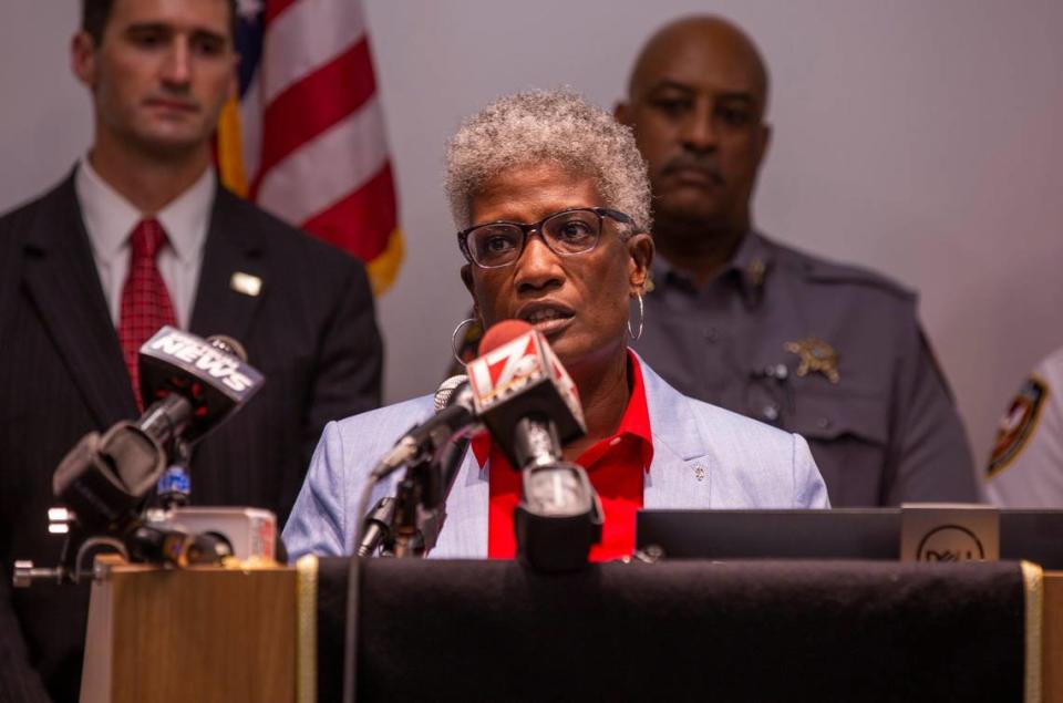 Durham County District Attorney Satana Deberry speaks during a press conference held by a coalition of local law enforcement agencies to address the increase in violent crime in the recent weeks, including the death of 9-year-old Z’Yon Person four days prior, on Thursday, Aug. 22, 2019, at the Durham Police Headquarters in Durham, NC.