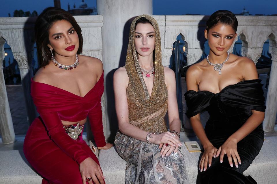 venice, italy may 16 priyanka chopra jonas, anne hathaway and zendaya attend the bulgari mediterranea high jewelry event at palazzo ducale on may 16, 2023 in venice photo by pietro s dapranogetty images for bulgari