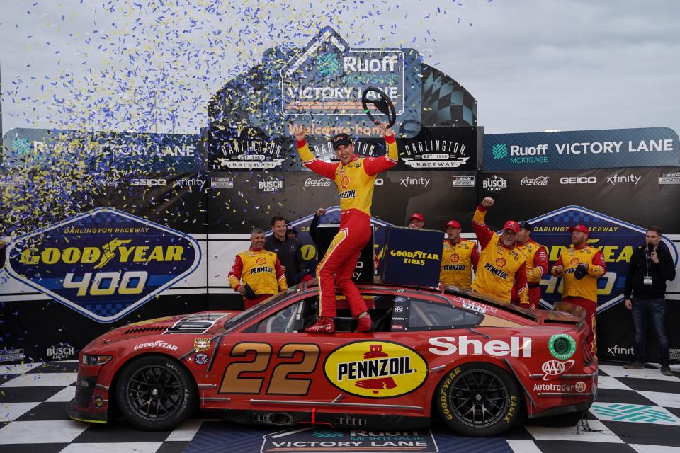 Joey Logano was all smiles after his late win Sunday at Darlington.