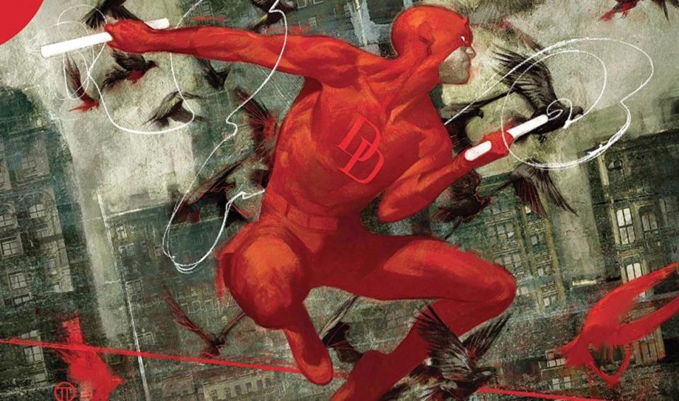 A comic book panel of Daredevil wielding his billy club in front of Hell's Kitchen