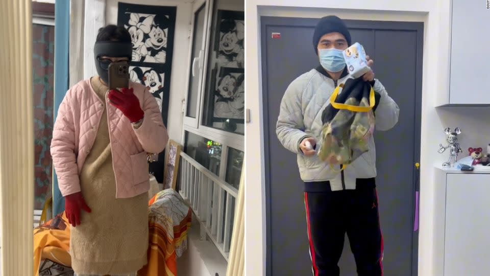 Kendou S (left) paired a quilted pink jacket with a beige dress, flannel pajama pants and fur-lined boots. Another participant of the trend shows where he stores his earphones. - Douyin