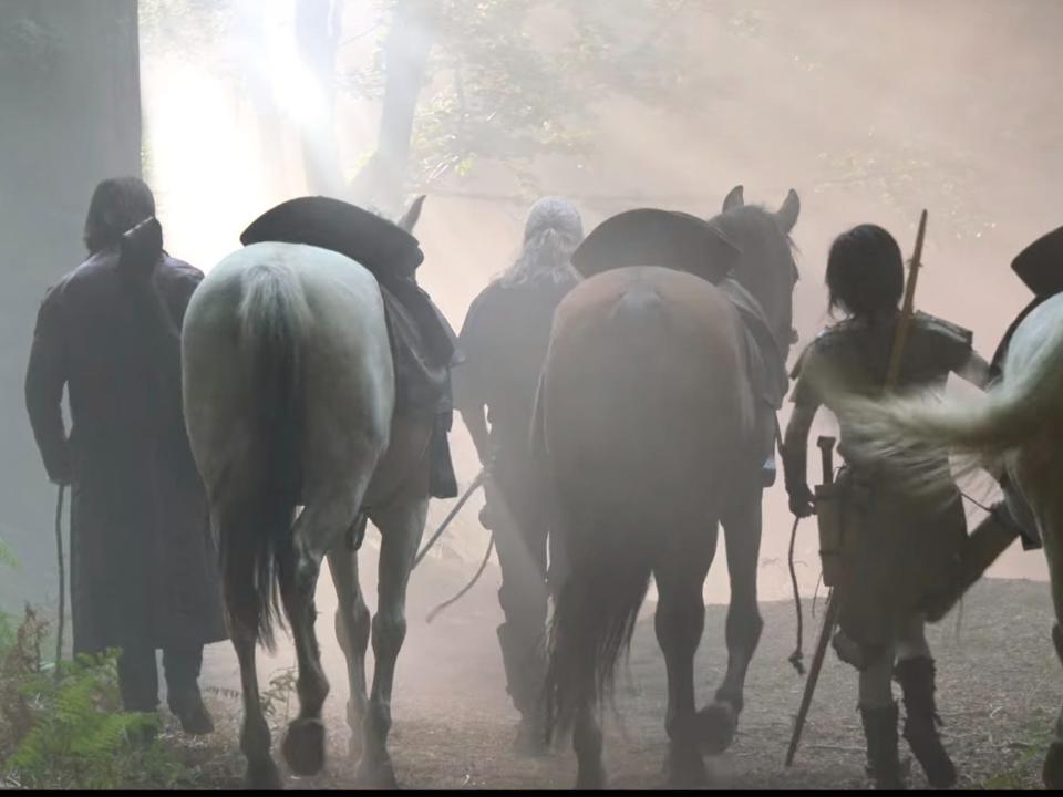 The last shot of Jaskier (Joey Batey), Geralt (Henry Cavill) and Milva (Meng'er Zhang) in "The Witcher" season three.