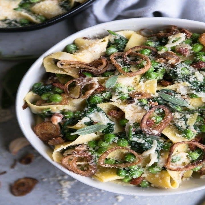 Pappardelle with pancetta, peas, spinach, and shallots.