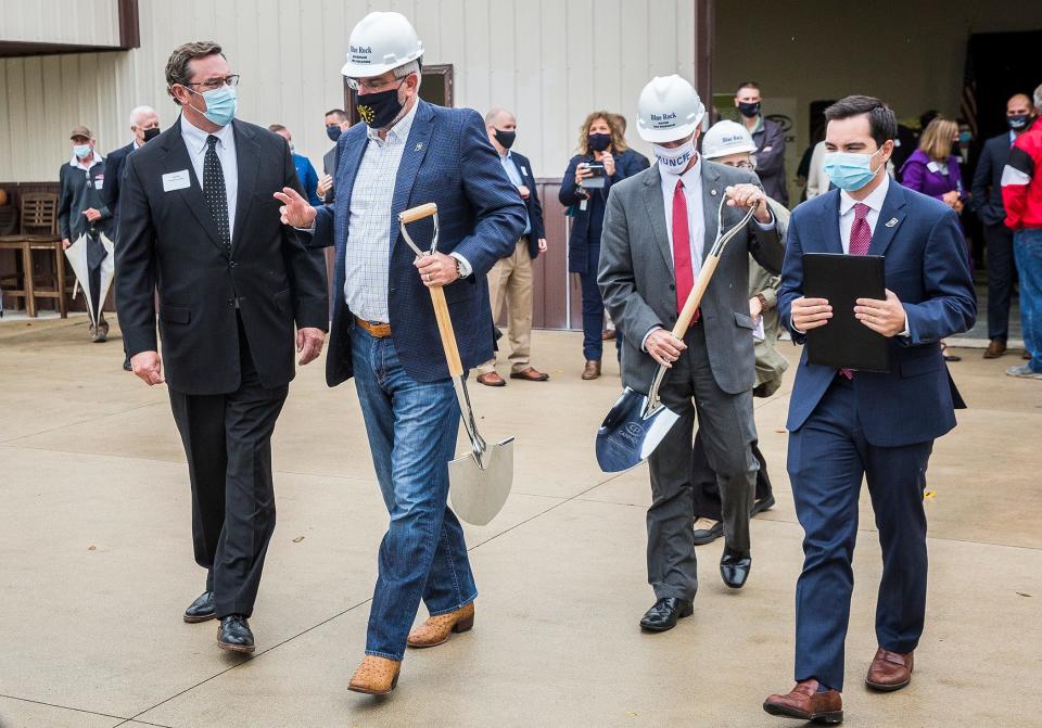 City and state officials, including Gov. Eric Holcomb and Mayor Dan Ridenour, attended a groundbreaking ceremony for a planned CANPACK factory on Fuson Road Wednesday, Sept. 22, 2021.