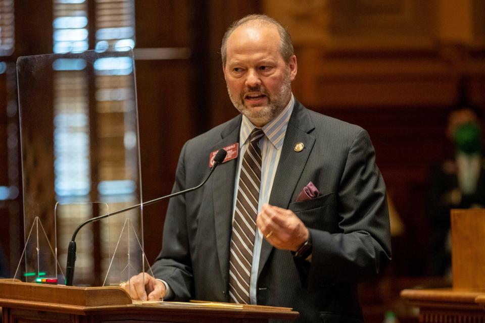 Rep. Barry Fleming, Chairman of the Special Committee on Election Integrity, speaks in defense of SB 202 during a debate in the House Chambers in the legislative session at the Georgia State Capitol Building in Atlanta, Thursday, March 25, 2021. The Georgia state House has passed legislation brought by Republicans that could lead to a sweeping overhaul of state election law. Proposed changes include provisions adding new requirements and restrictions on absentee voting and giving the GOP-led legislature greater control over the administration of elections. (Alyssa Pointer/Atlanta Journal-Constitution via AP)