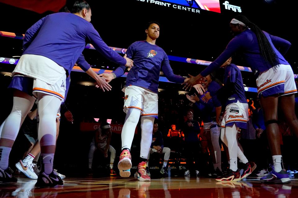 Phoenix Mercury center Brittney Griner is introduced prior to a WNBA preseason basketball game against the Los Angeles Sparks on May 12, 2023, in Phoenix.