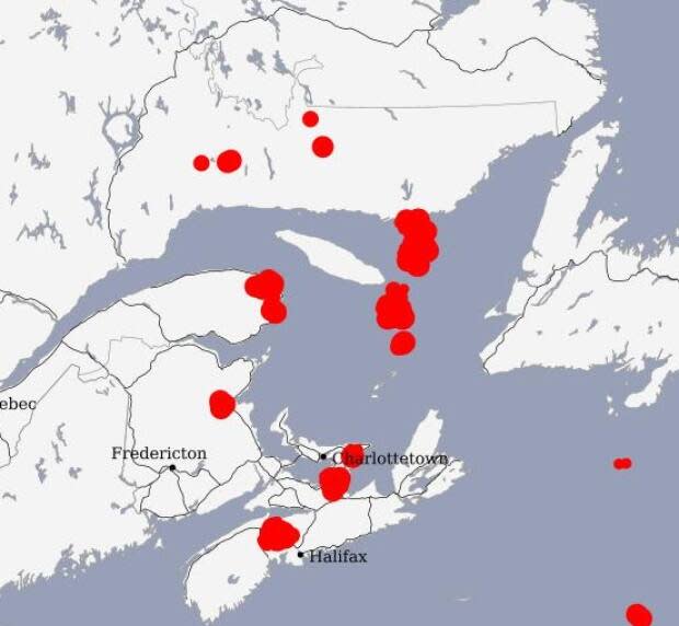 At 1:50 p.m. Environment Canada's Lightning Danger Map showed a storm over Kings County. (Environment Canada - image credit)